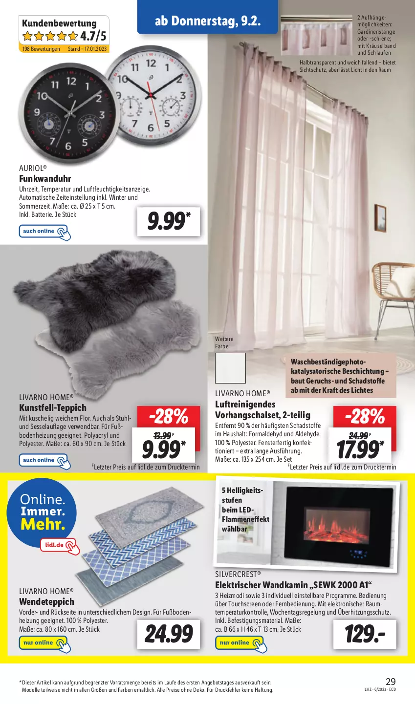 Aktueller Prospekt Lidl - Aktionsprospekt - von 06.02 bis 11.02.2023 - strona 31 - produkty: angebot, auto, batterie, Bau, dell, eis, Elektro, elle, fenster, fernbedienung, Gardinen, Kamin, kraft, lamm, Laufen, Mode, ndk, reis, Ria, rwe, Schal, sessel, silvercrest, stuhl, teppich, Ti, tisch, touchscreen, überhitzungsschutz, uhr, wanduhr, ZTE