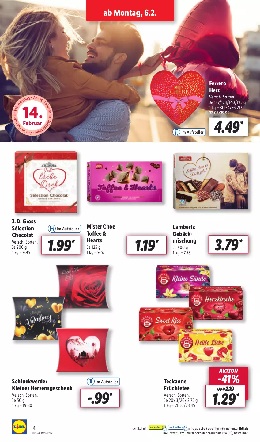 Aktueller Prospekt Lidl - Aktionsprospekt - von 06.02 bis 11.02.2023 - strona 4 - produkty: Amber, cola, elle, erde, ferrero, früchte, Früchtetee, lambertz, leine, ndk, Schal, Schale, tee, teekanne, teller, Ti