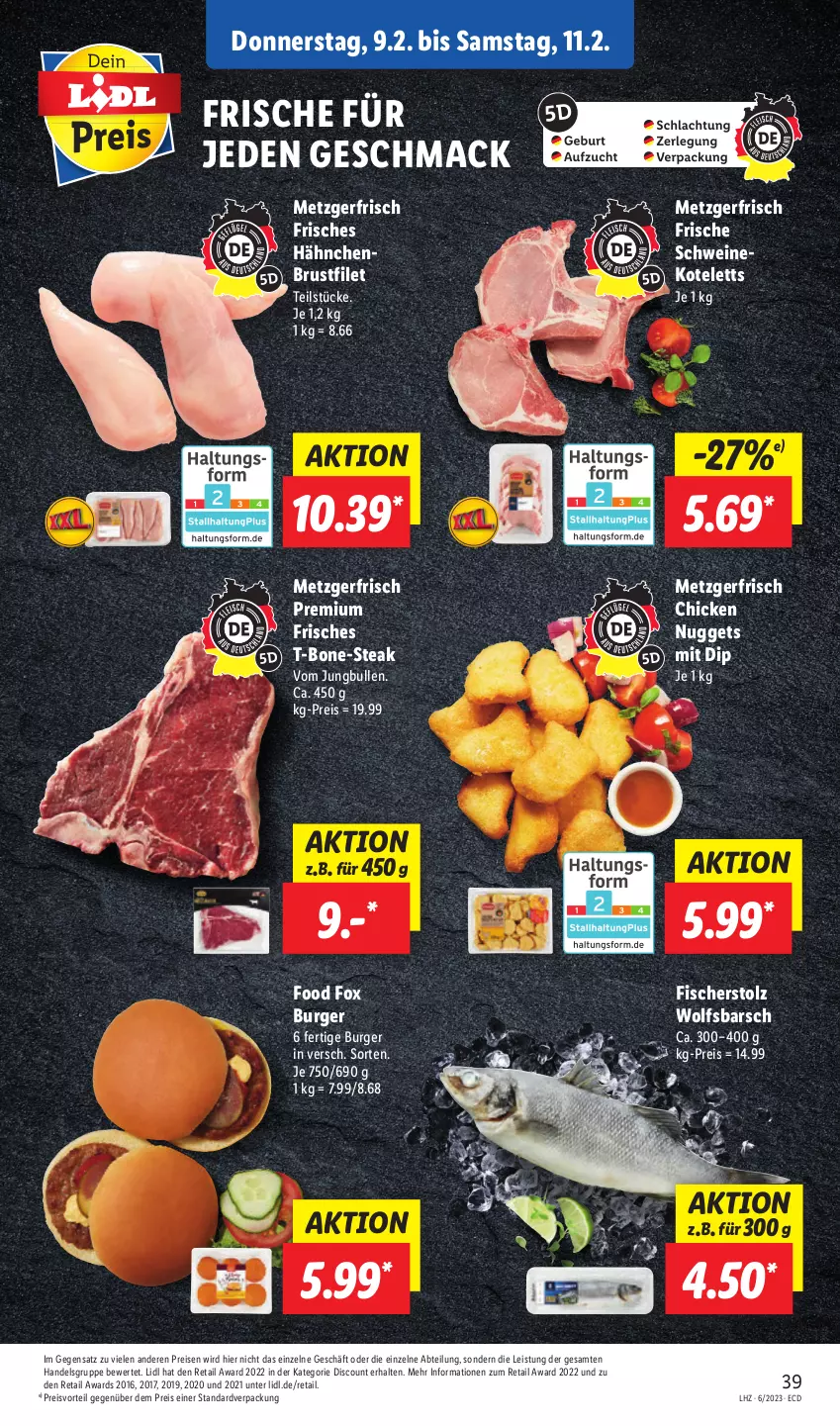 Aktueller Prospekt Lidl - Aktionsprospekt - von 06.02 bis 11.02.2023 - strona 41 - produkty: Abtei, brustfilet, burger, chicken nuggets, dip, discount, eis, filet, fisch, fische, Fischer, hähnchenbrust, hähnchenbrustfilet, jungbullen, kotelett, mac, nuggets, preisvorteil, reis, schwein, schweine, schweinekotelett, steak, Ti, wein, weine, wolfsbarsch