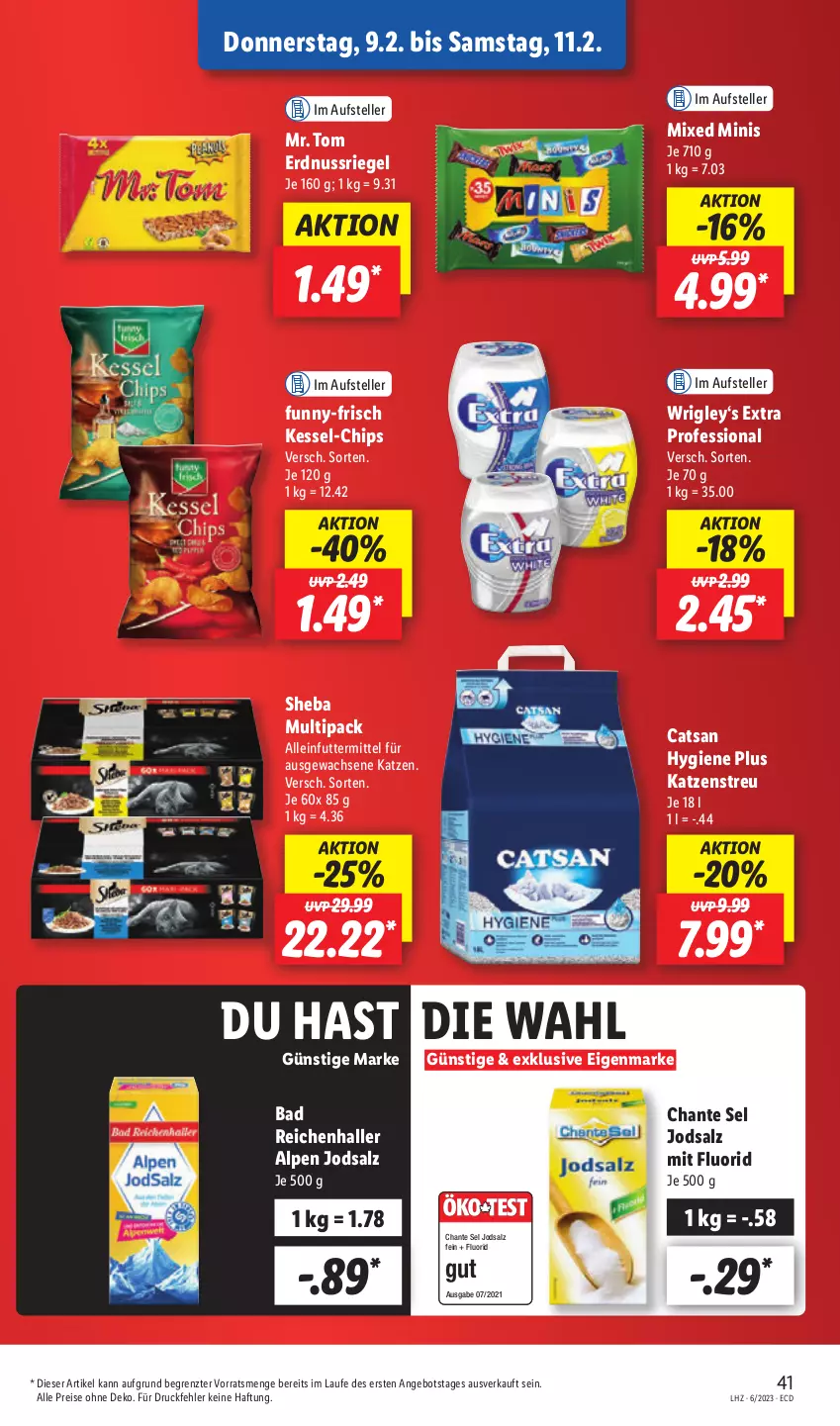 Aktueller Prospekt Lidl - Aktionsprospekt - von 06.02 bis 11.02.2023 - strona 43 - produkty: alleinfuttermittel, angebot, Bad, catsan, chips, eis, elle, erdnuss, funny-frisch, Katzenstreu, nuss, nussriegel, reis, riegel, salz, sheba, teller, Ti, ZTE