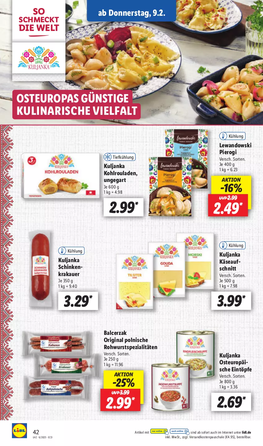 Aktueller Prospekt Lidl - Aktionsprospekt - von 06.02 bis 11.02.2023 - strona 44 - produkty: auer, aufschnitt, eintöpfe, gin, Käse, Kohlrouladen, krakauer, ndk, Pierogi, Rohwurst, rouladen, Schal, Schale, schinken, Spezi, Ti, wurst