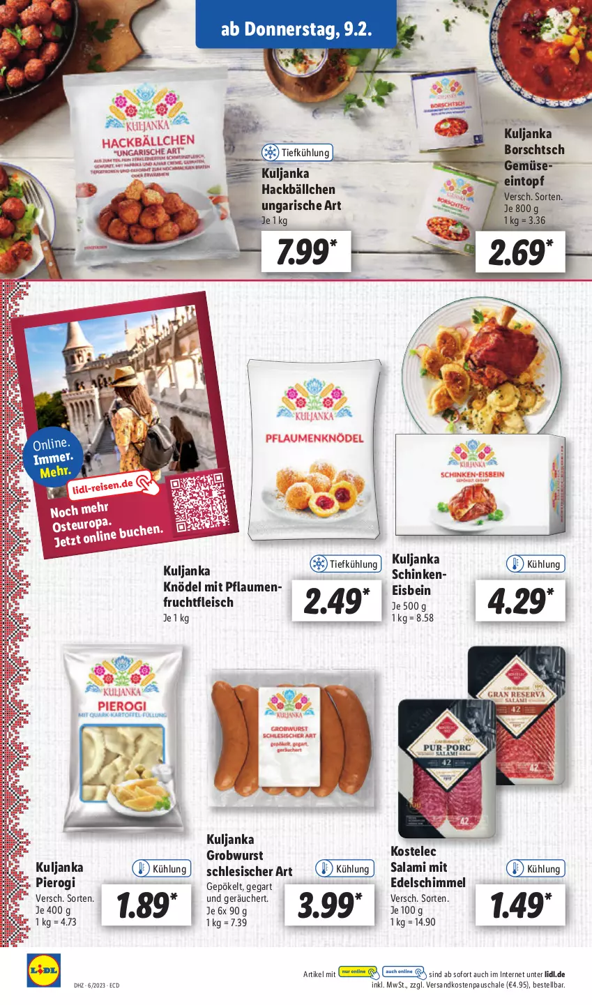 Aktueller Prospekt Lidl - Aktionsprospekt - von 06.02 bis 11.02.2023 - strona 46 - produkty: Borschtsch, buch, eintopf, eis, fleisch, frucht, fruchtfleisch, Knödel, ndk, pflaume, pflaumen, Pierogi, salami, Schal, Schale, schinken, Ti, topf, wurst