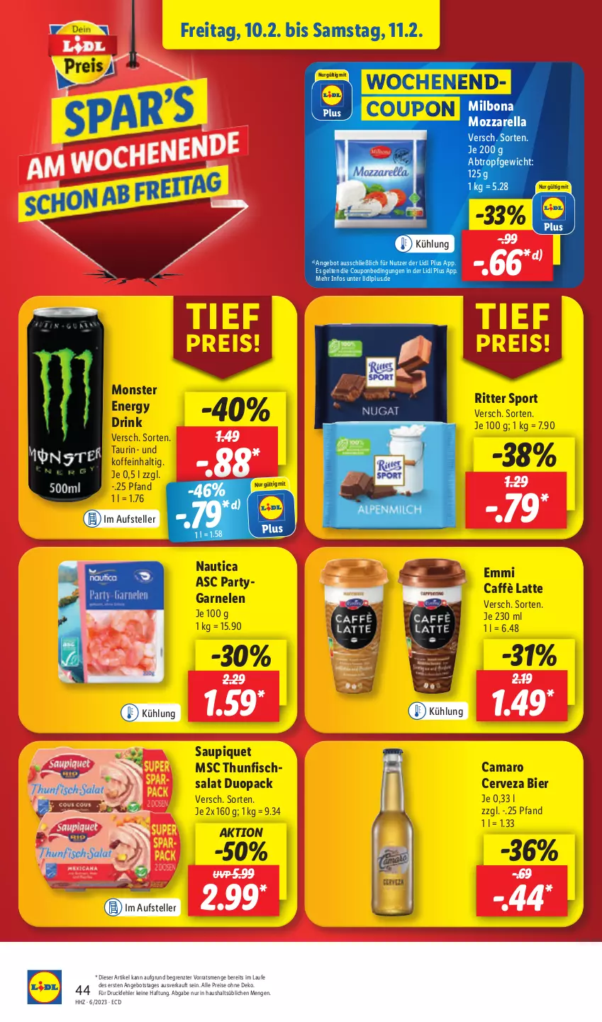 Aktueller Prospekt Lidl - Aktionsprospekt - von 06.02 bis 11.02.2023 - strona 50 - produkty: amaro, angebot, bier, Bona, caffè latte, coupon, drink, drucker, eis, elle, emmi, energy drink, Engel, fisch, garnelen, kerze, latte, Milbona, monster, Monster Energy, mozzarella, papier, reis, rel, ritter, ritter sport, salat, saupiquet, Sport, teller, thunfisch, Thunfischsalat, Ti, ZTE