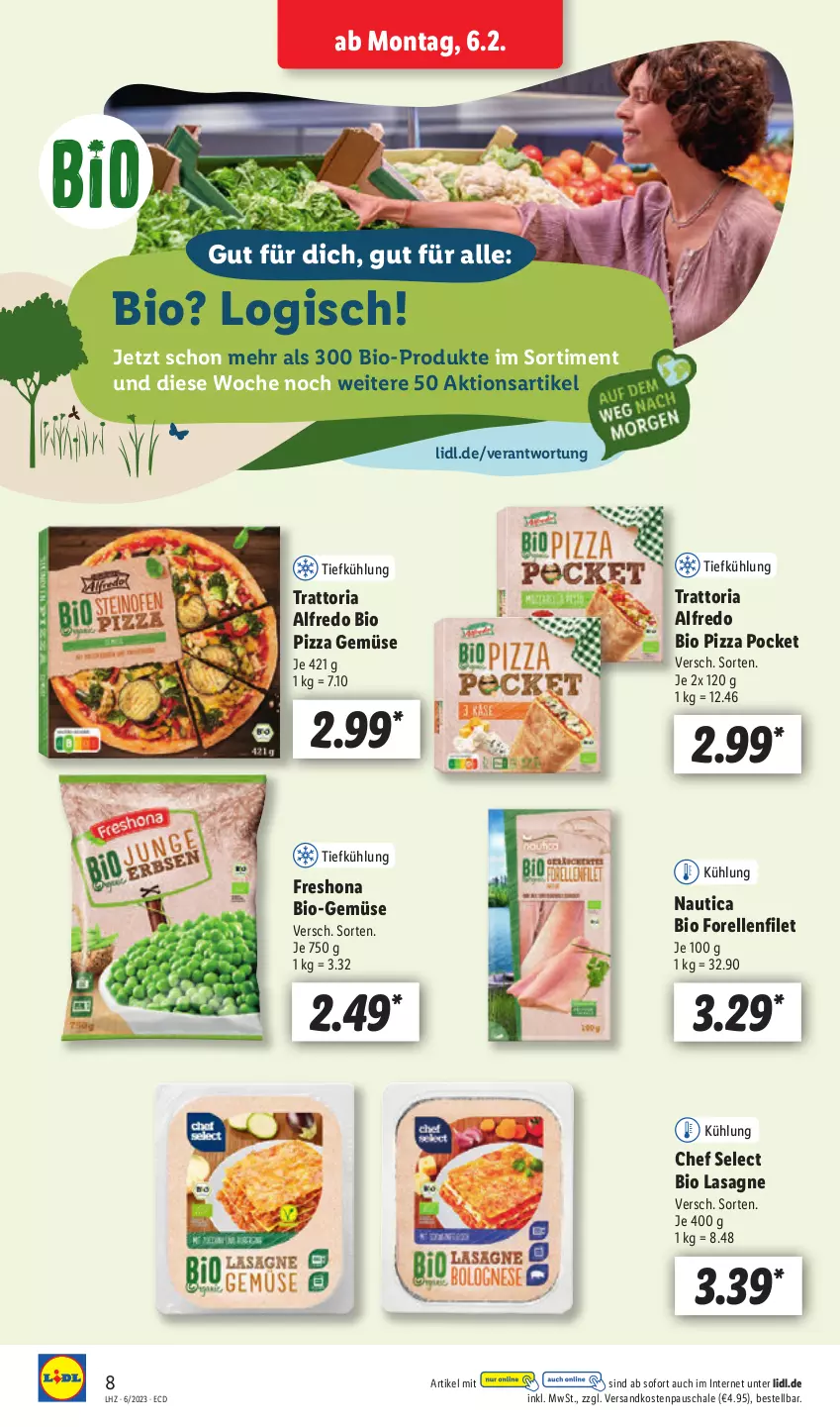 Aktueller Prospekt Lidl - Aktionsprospekt - von 06.02 bis 11.02.2023 - strona 8 - produkty: bio, Bio-Gemüse, elle, filet, forelle, lasagne, ndk, pizza, rel, Ria, Schal, Schale, Ti