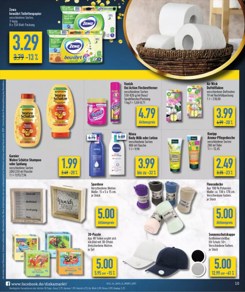 Aktueller Prospekt Diska - von 02.04 bis 06.04.2024 - strona 12 - produkty: Air Wick, aktionspreis, body, body milk, decke, dusche, eis, flasche, fleecedecke, garnier, kneipp, Lotion, oxi action, papier, pflegedusche, reis, shampoo, shampoo oder spülung, sonnenschutz, Spardose, sprühflasche, spülung, Ti, uv-schutz, vanish, vanish oxi action, Wahre Schätze, WICK