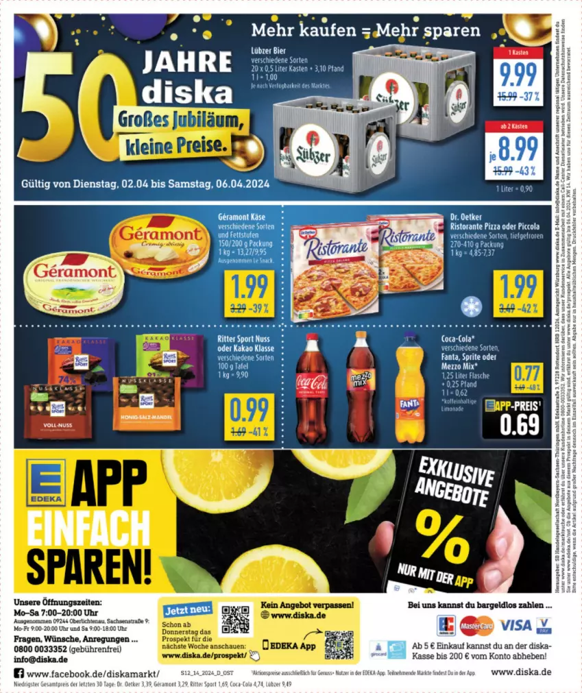 Aktueller Prospekt Diska - von 02.04 bis 06.04.2024 - strona 14 - produkty: ACC, aktionspreis, angebot, angebote, Astra, bier, coca-cola, cola, deka, Dr. Oetker, eis, ente, fanta, flasche, honig, Lübzer, mandel, nuss, reis, ring, ritter, ritter sport, sac, Sport, sprite, Ti, uhr, ZTE