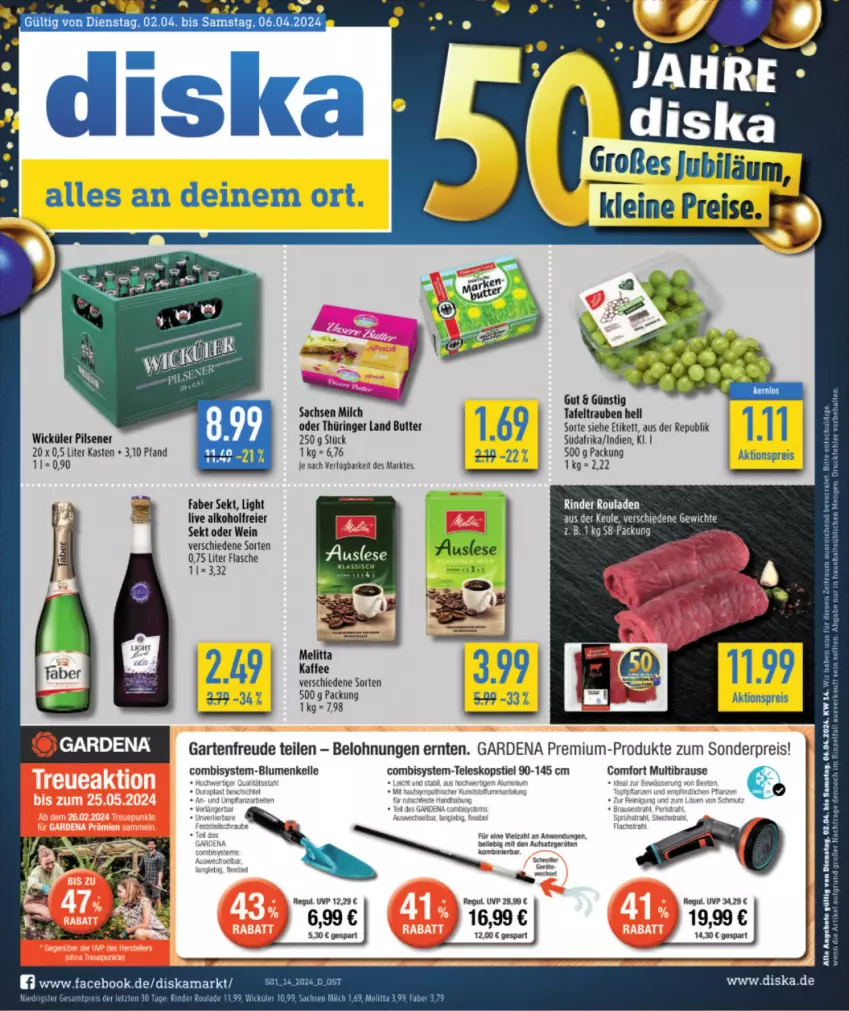 Aktueller Prospekt Diska - von 02.04 bis 06.04.2024 - strona 3 - produkty: aktionspreis, alkohol, angebot, angebote, blume, blumen, brause, butter, eier, eis, elle, ente, flasche, gardena, Garten, merl, miele, milch, pils, pilsener, reis, rind, rinder, ring, rouladen, sac, sekt, tafeltrauben, Teleskop, teleskopstiel, Ti, trauben, wein, WICK