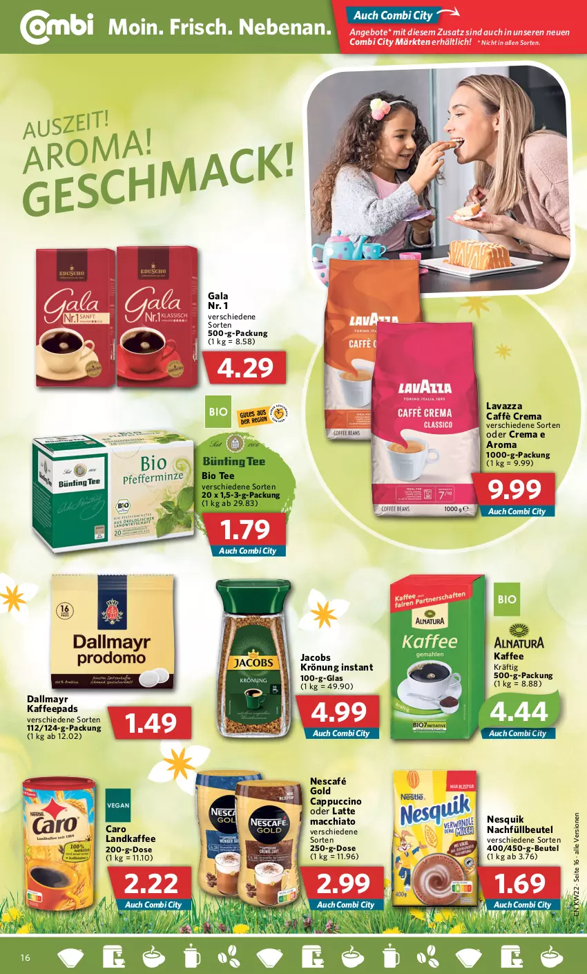 Aktueller Prospekt Combi - Prospekte - von 30.05 bis 04.06.2022 - strona 16 - produkty: ACC, angebot, angebote, beutel, bio, caffè crema, Cap, cappuccino, chia, cin, dallmayr, jacobs, jacobs krönung, kaffee, kaffeepads, latte, latte macchiato, lavazza, mac, macchiato, ndk, Nescafé, nescafé gold, nesquik, tee, Ti