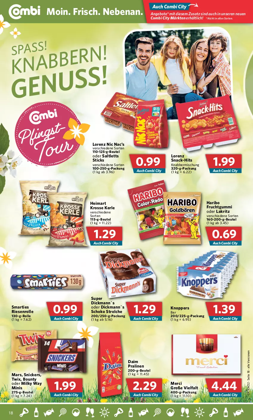 Aktueller Prospekt Combi - Prospekte - von 30.05 bis 04.06.2022 - strona 18 - produkty: angebot, angebote, beutel, bounty, daim, frucht, fruchtgummi, haribo, knoppers, Lakritz, lorenz, mars, merci, milky way, oder lakritz, pralinen, saltletts, schoko, smarties, snack, snickers, Ti, twix