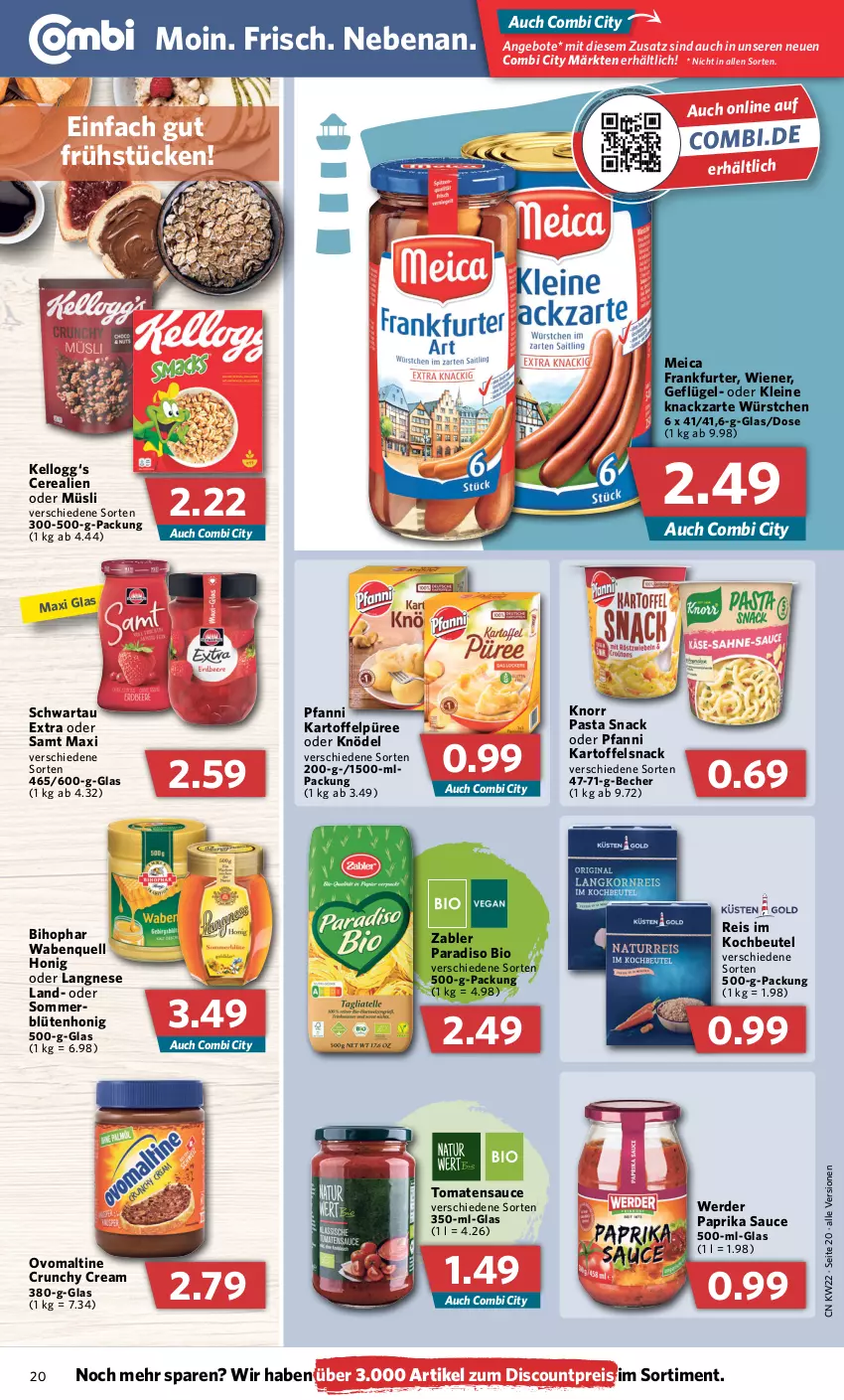 Aktueller Prospekt Combi - Prospekte - von 30.05 bis 04.06.2022 - strona 20 - produkty: angebot, angebote, Becher, beutel, bihophar, bio, Blüte, blütenhonig, cerealien, cerealien oder müsli, discount, eis, erde, frankfurter, Geflügel, honig, kartoffel, Kartoffelpüree, Kellogg‘s, Knödel, knorr, knorr pasta, kochbeutel, langnese, leine, meica, müsli, ovomaltine, paprika, pasta, pasta snack, pfanni, püree, reis, sauce, Schwartau, snack, Ti, tomate, tomaten, tomatensauce, wiener, würstchen, Zabler