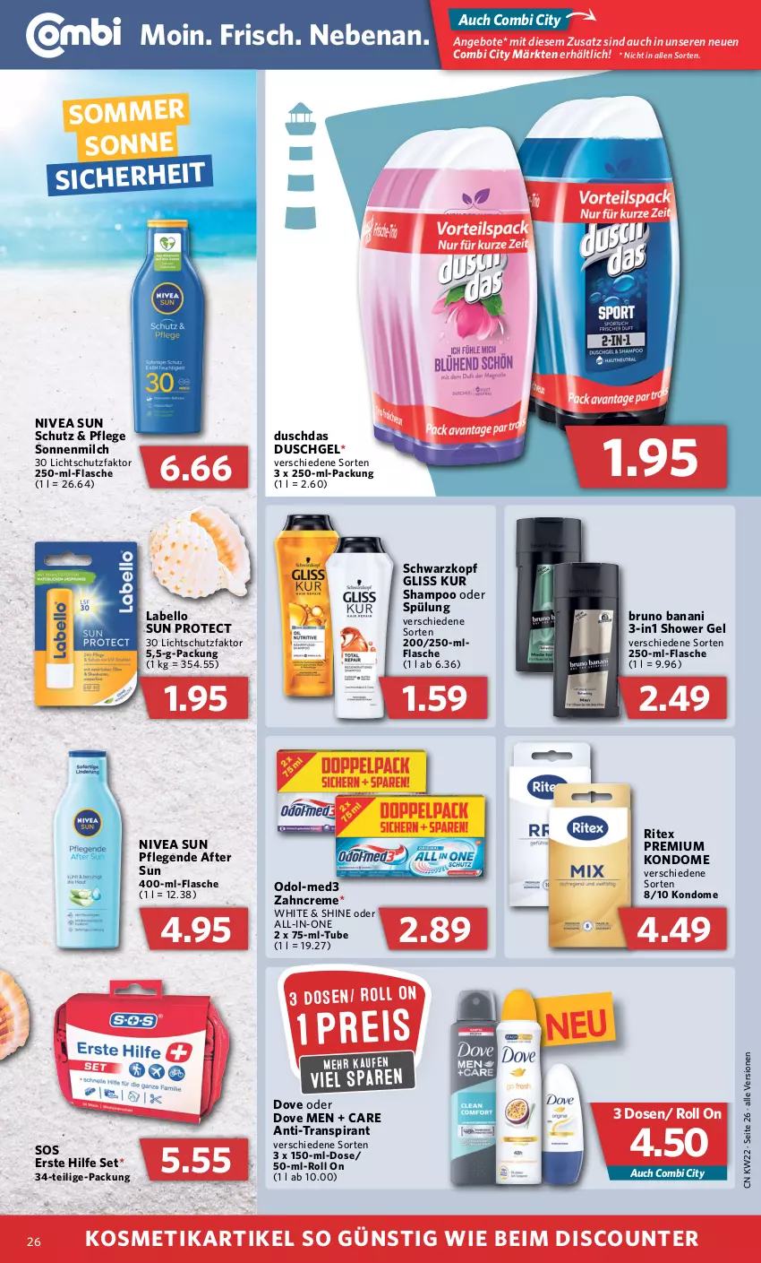 Aktueller Prospekt Combi - Prospekte - von 30.05 bis 04.06.2022 - strona 26 - produkty: after sun, angebot, angebote, bruno banani, creme, discount, dove, duschdas, duschgel, eis, flasche, gliss, gliss kur, Kondome, kosmetik, Labello, milch, nivea, nivea sun, Odol, reis, Ritex, schwarzkop, schwarzkopf, shampoo, shampoo oder spülung, sonnenmilch, spülung, Ti, zahncreme