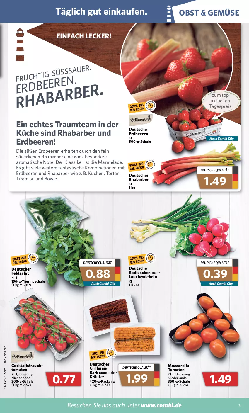 Aktueller Prospekt Combi - Prospekte - von 30.05 bis 04.06.2022 - strona 3 - produkty: asti, barbecue, beere, beeren, bowle, cocktail, cocktails, eis, elle, erdbeere, erdbeeren, fanta, feldsalat, frucht, grill, Grillmais, kräuter, küche, kuchen, Lauchzwiebel, lauchzwiebeln, mais, marmelade, mozzarella, obst, oder kräuter, radieschen, Rauch, reis, rel, rhabarber, salat, Schal, Schale, strauchtomaten, Ti, tiramisu, tisch, tomate, tomaten, torte, zwiebel, zwiebeln