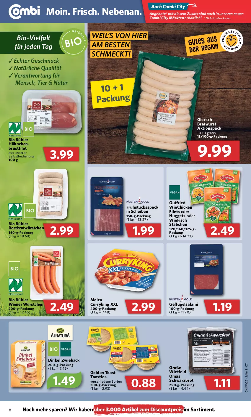 Aktueller Prospekt Combi - Prospekte - von 30.05 bis 04.06.2022 - strona 8 - produkty: angebot, angebote, asti, bio, bratwurst, brot, brustfilet, curry, discount, eis, filet, filets, fisch, Frühstücksspeck, Geflügel, golden toast, gutfried, mac, meica, natur, nuggets, reis, salami, Schwarzbrot, Speck, Ti, toast, wiener, wiener würstchen, wurst, würstchen