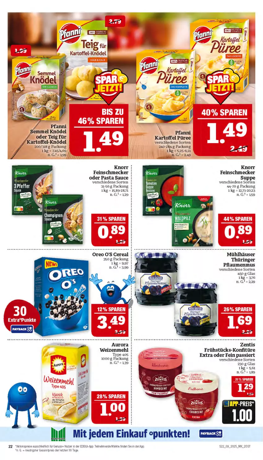 Aktueller Prospekt Marktkauf - Prospekt - von 23.02 bis 01.03.2025 - strona 22 - produkty: aktionspreis, deka, eis, feinschmecker, kartoffel, Knödel, knorr, konfitüre, konfitüre extra, kuchen, mehl, mühlhäuser, nuss, oreo, pasta, Pasta Sauce, pfanni, pflaume, pflaumen, pflaumenmus, püree, reis, ring, sauce, Semmel, suppe, Ti, type 405, weizenmehl, zentis, ZTE