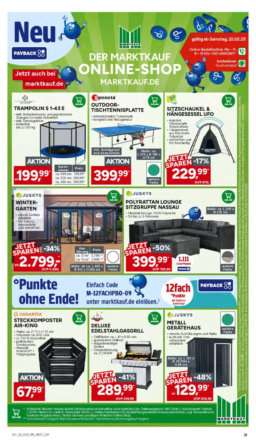 Aktueller Prospekt Marktkauf - Prospekt - von 23.02 bis 01.03.2025 - strona 31 - produkty: edelstahl, eis, garnitur, Garten, gasgrill, grill, grillfläche, hängesessel, Holz, HP, Komposter, latte, LG, payback, Ria, Schaukel, sessel, Ti, tisch, Trampolin, uhr, uv-schutz, wasser, WICK