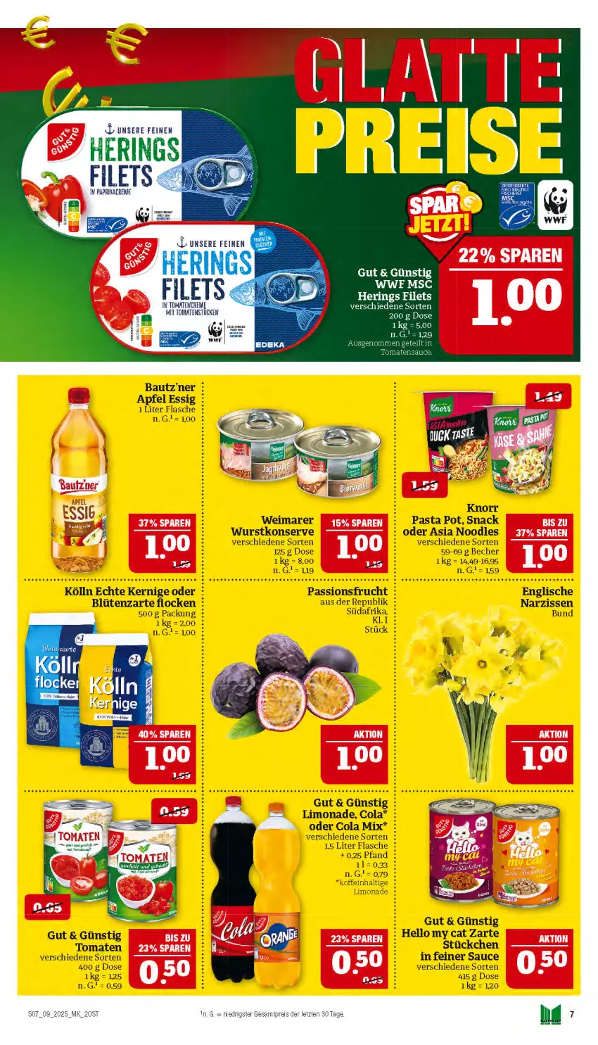 Aktueller Prospekt Marktkauf - Prospekt - von 23.02 bis 01.03.2025 - strona 7 - produkty: apfel, Bau, Becher, Blüte, cola, creme, eis, essig, filet, filets, flasche, frucht, hering, Herings, knorr, kölln, limo, limonade, Narzissen, paprika, Paprikacreme, passionsfrucht, pasta, reis, ring, sauce, snack, Ti, tomate, tomaten, Tomatenstücke, wurst, ZTE