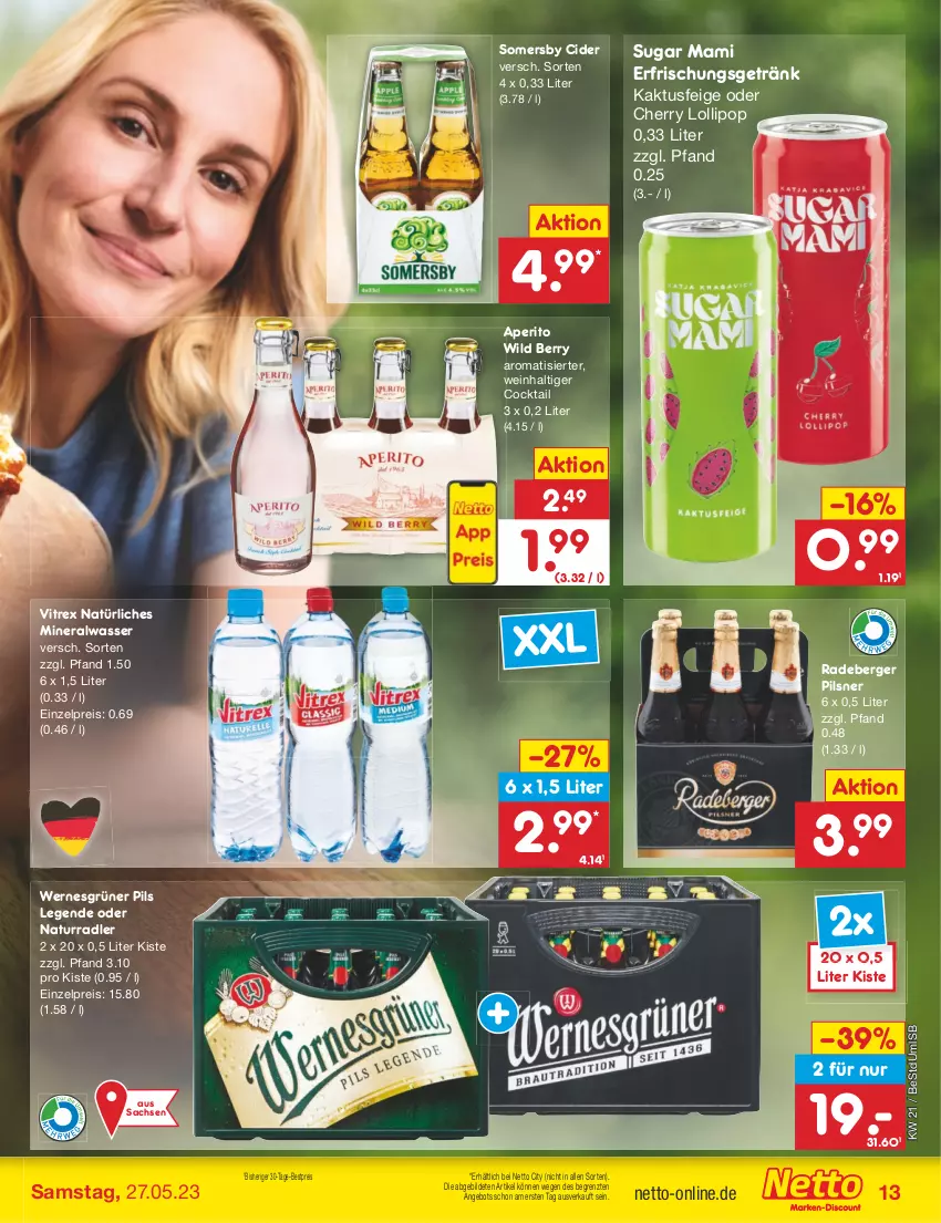 Aktueller Prospekt Netto Marken-Discount - Filial-Angebote - von 22.05 bis 27.05.2023 - strona 13 - produkty: Alwa, angebot, Berger, bestpreis, cider, cocktail, eis, erfrischungsgetränk, getränk, mam, mineralwasser, natur, natürliches mineralwasser, pils, pilsner, radeberger, radeberger pilsner, radler, reis, sac, somersby, Ti, vitrex, wasser, wein, Wild, wild berry, ZTE