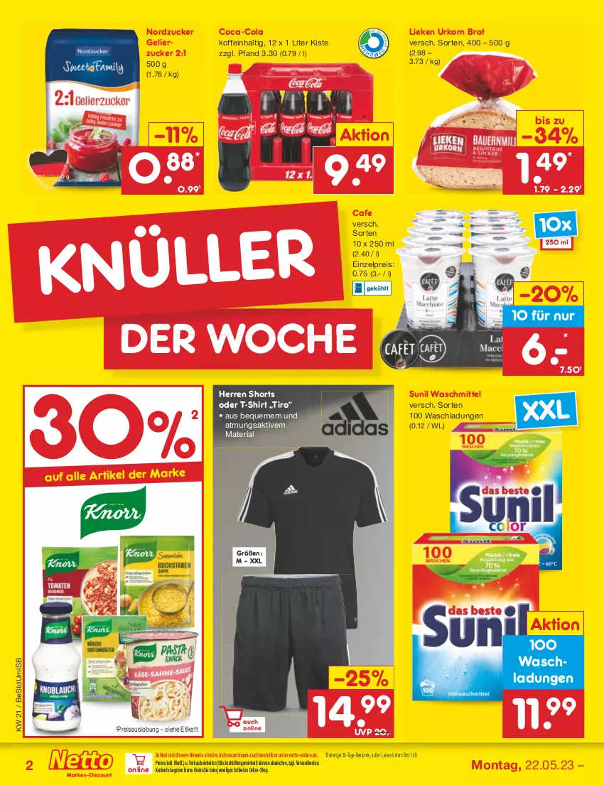 Aktueller Prospekt Netto Marken-Discount - Filial-Angebote - von 22.05 bis 27.05.2023 - strona 2 - produkty: bestpreis, brot, coca-cola, cola, eis, gelierzucker, korn, lieken, ndk, nordzucker, reis, Ria, shirt, shorts, sunil, T-Shirt, Ti, urkorn, waschmittel, zucker