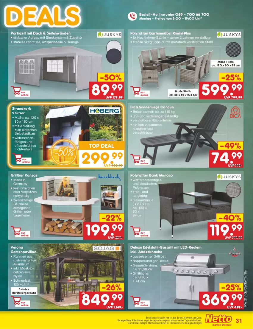 Aktueller Prospekt Netto Marken-Discount - Filial-Angebote - von 22.05 bis 27.05.2023 - strona 31 - produkty: abdeckhaube, angebot, asti, Bank, Bau, decke, Deckel, edelstahl, eis, elle, ente, Garten, gartenmöbel, gasgrill, Germ, grill, grillfläche, grillrost, hering, Holz, korb, Liege, möbel, moskitonetz, ndk, pavillon, ring, rückenlehne, Schal, sonnenliege, strandkorb, stuhl, Stühl, telefon, teller, Ti, tisch, uhr, Zelt, ZTE