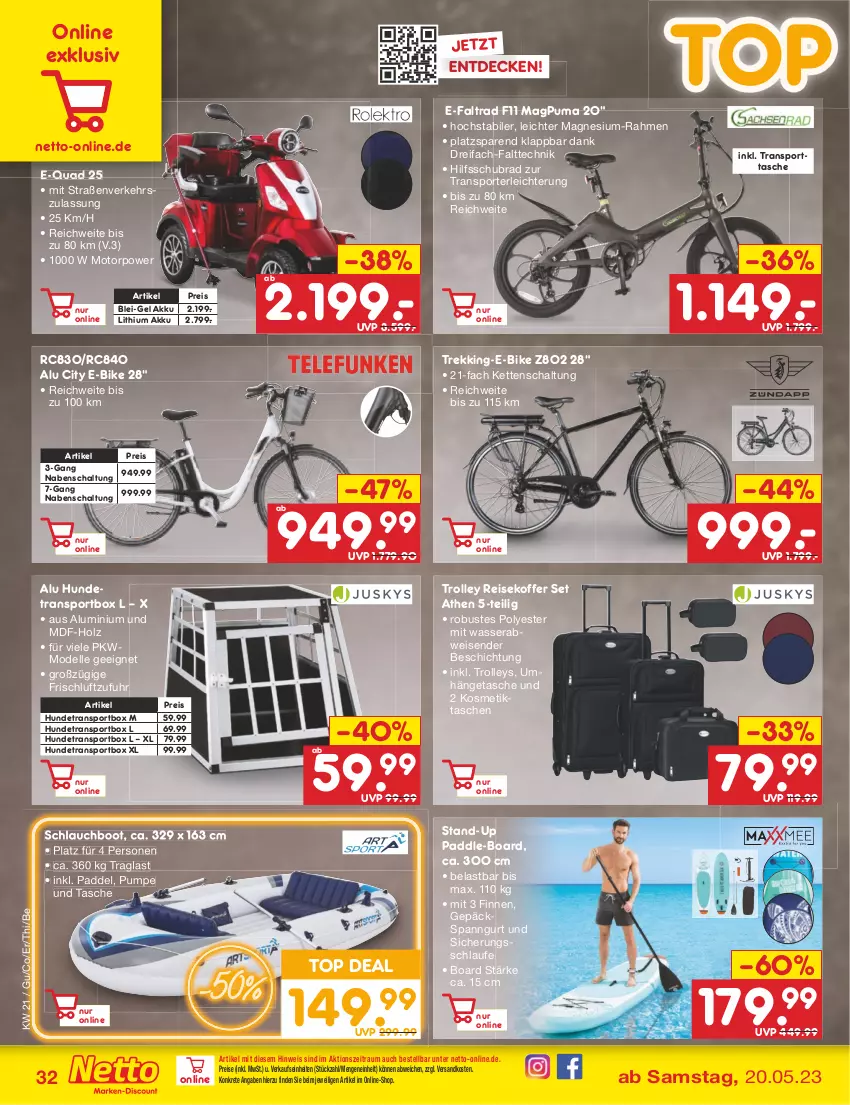 Aktueller Prospekt Netto Marken-Discount - Filial-Angebote - von 22.05 bis 27.05.2023 - strona 32 - produkty: akku, decke, dell, E-Bike, eis, elle, Holz, Kette, koffer, kosmetik, Kosmetiktasche, magnesium, Mode, ndk, puma, quad, reis, Schal, schlauch, Sport, sporttasche, Tasche, taschen, Ti, trolley, uhr, umhängetasche, wasser