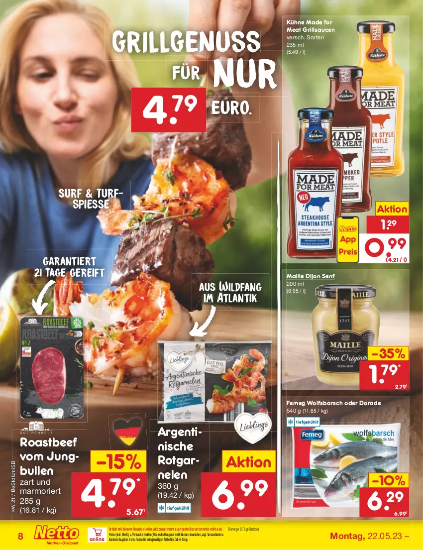 Aktueller Prospekt Netto Marken-Discount - Filial-Angebote - von 22.05 bis 27.05.2023 - strona 8 - produkty: beef, bestpreis, Dijon Senf, Dorade, eis, femeg, garnelen, grill, grillsauce, jungbullen, Kühne, LG, maille, ndk, nuss, reis, roastbeef, sauce, saucen, senf, Surf, Ti, Wild, wolfsbarsch