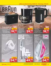 Gazetka promocyjna Netto Marken-Discount - Filial-Angebote - Gazetka - ważna od 27.05 do 27.05.2023 - strona 41 - produkty: angebot, auto, Becher, brötchen, brötchenaufsatz, bügel, Bügeleisen, dampfbügeleisen, edelstahl, eis, fleisch, handmixer, kaffee, kaffeemaschine, Käse, Kocher, leine, Messbecher, Mixer, Schal, Schneebesen, stabmixer, tasse, Ti, tisch, toast, toaster, wasser, wasserkocher, Zerkleinerer, ZTE