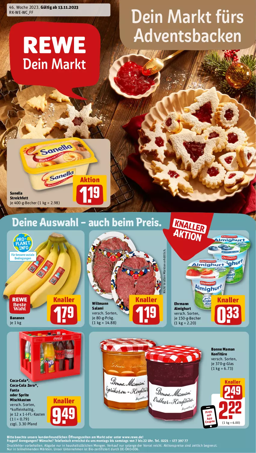 Aktueller Prospekt Rewe - Prospekte - von 13.11 bis 18.11.2023 - strona 1 - produkty: aktionspreis, almighur, almighurt, banane, bananen, Becher, bio, bonne maman, coca-cola, cola, coupon, ehrmann, ehrmann almighurt, eis, fanta, fanta oder, fanta oder sprite, konfitüre, mam, oder sprite, reis, salami, sprite, telefon, Ti, uhr, wiltmann