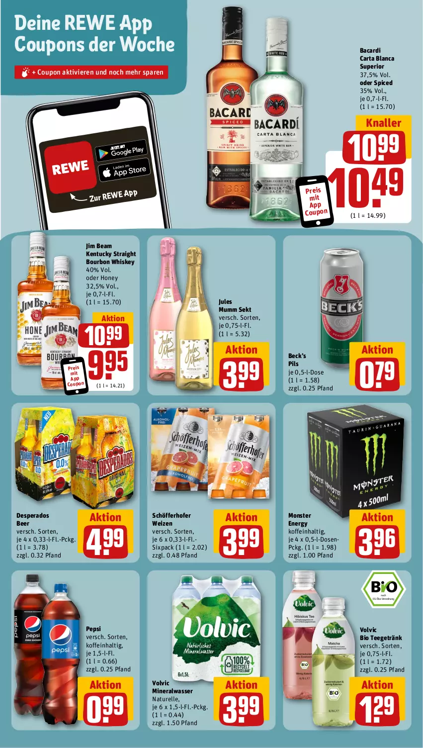 Aktueller Prospekt Rewe - Prospekte - von 13.11 bis 18.11.2023 - strona 11 - produkty: Alwa, bacardi, bio, bourbon, bourbon whiskey, coupon, coupons, desperados, eis, elle, getränk, jim beam, jules mumm, kentucky straight, mineralwasser, monster, Monster Energy, mumm, natur, pepsi, pils, reis, rel, schöfferhofer, sekt, tee, Ti, tuc, volvic, wasser, whiskey