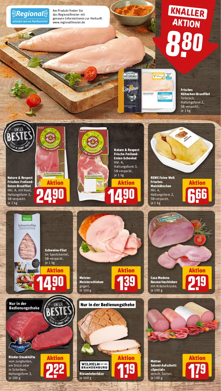 Aktueller Prospekt Rewe - Prospekte - von 13.11 bis 18.11.2023 - strona 8 - produkty: aufschnitt, brustfilet, Casa Modena, eis, ente, fenster, filet, hähnchen-brustfilet, henkel, jungbullen, Käse, kräuter, leberkäs, leberkäse, mais, Mantel, Meister, Mett, metten, Mode, natur, rewe feine welt, rind, rinder, rosmarin, salami, schenkel, schinken, schwein, schweine, schweine-filet, Speck, Spezi, steak, steakhüfte, Ti, wein, weine