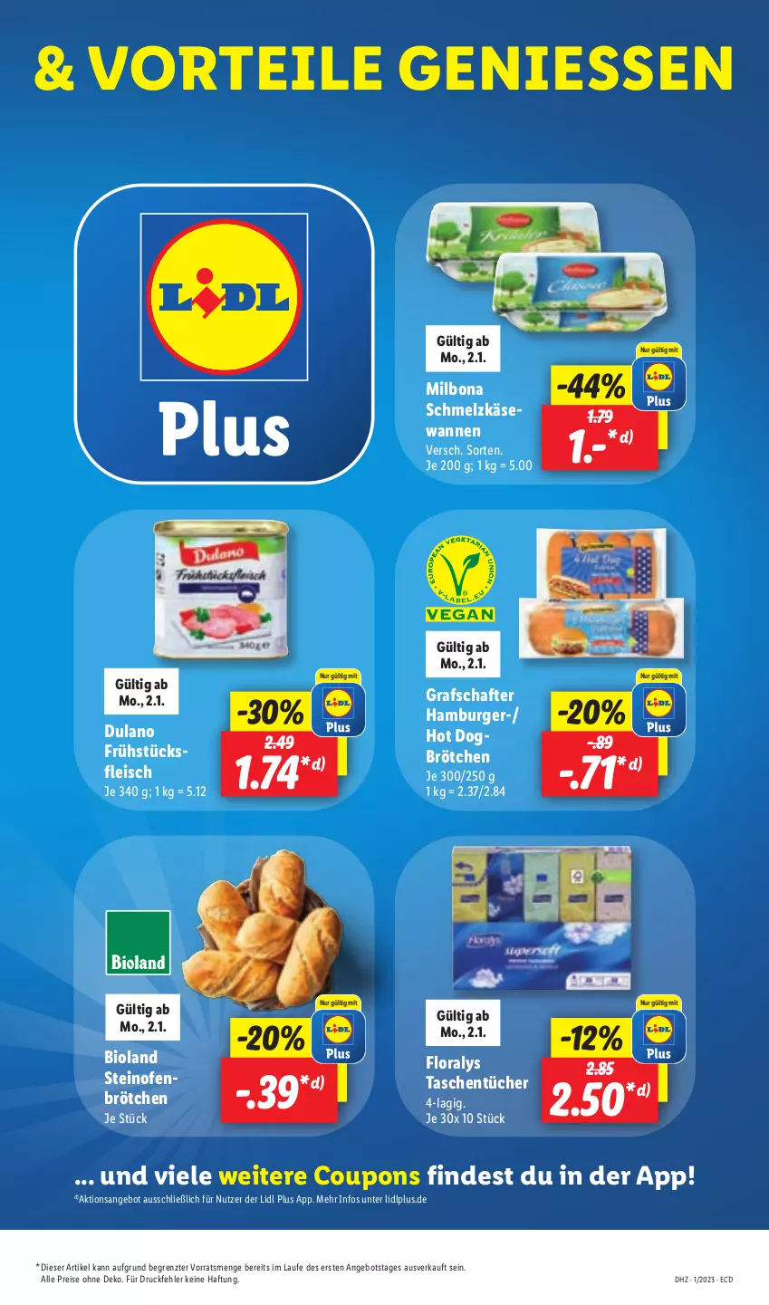 Aktueller Prospekt Lidl - Aktionsprospekt - von 02.01 bis 07.01.2023 - strona 11 - produkty: angebot, bio, bioland, Bona, brötchen, burger, coupon, coupons, dulano, eis, fleisch, Floralys, frühstücksfleisch, grafschafter, hamburger, hot dog, Käse, Milbona, Ofen, reis, Schmelzkäse, steinofen, Tasche, taschen, taschentücher, Ti, tücher, Wanne, ZTE