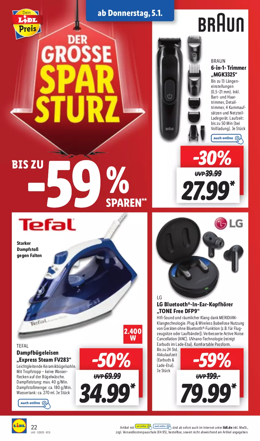 Aktueller Prospekt Lidl - Aktionsprospekt - von 02.01 bis 07.01.2023 - strona 24 - produkty: akku, braun, bügel, Bügeleisen, dampfbügeleisen, eis, in-ear-kopfhörer, kopfhörer, ladegerät, LG, ndk, rel, Schal, Schale, tefal, Ti, wasser, wassertank, ZTE