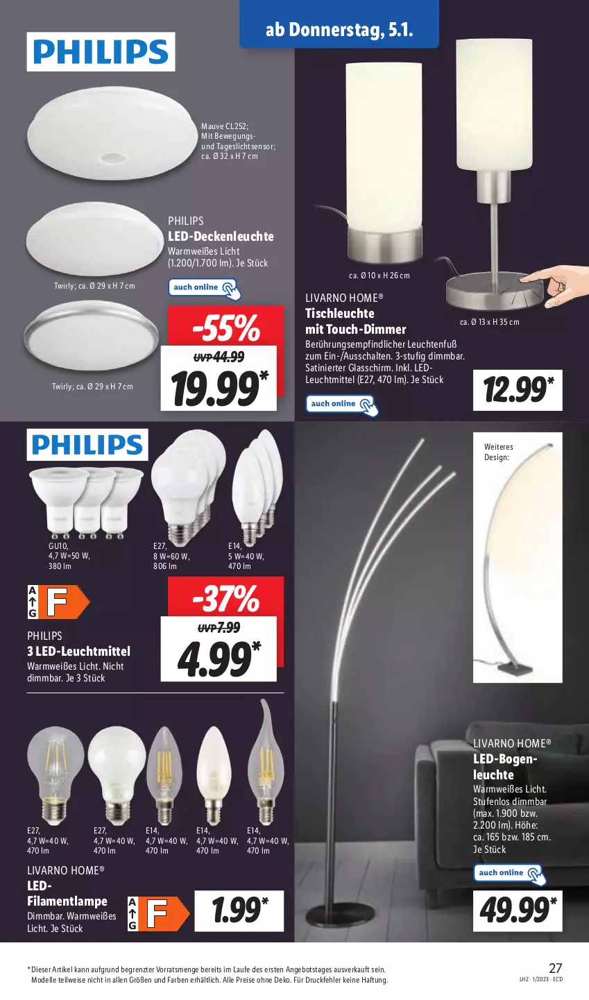 Aktueller Prospekt Lidl - Aktionsprospekt - von 02.01 bis 07.01.2023 - strona 29 - produkty: angebot, decke, deckenleuchte, dell, dimmer, eis, elle, Lampe, led-deckenleuchte, Leuchte, leuchten, leuchtmittel, Mode, Philips, reis, Schal, Ti, tisch, tischleuchte, ZTE