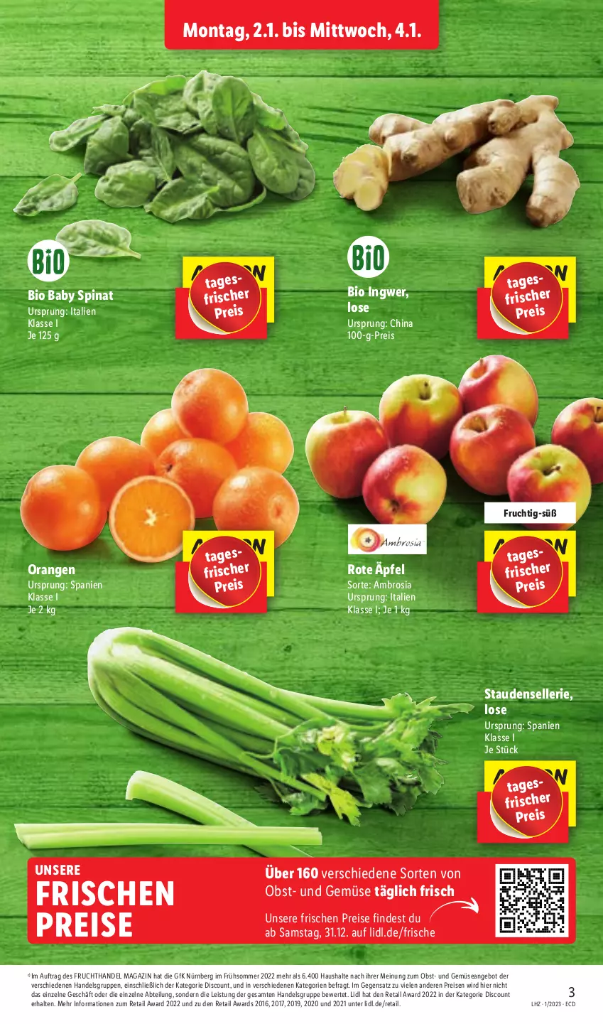 Aktueller Prospekt Lidl - Aktionsprospekt - von 02.01 bis 07.01.2023 - strona 3 - produkty: Abtei, angebot, bio, discount, eis, elle, frucht, ingwer, magazin, obst, orange, orangen, reis, spinat, stauden, Ti, und gemüse