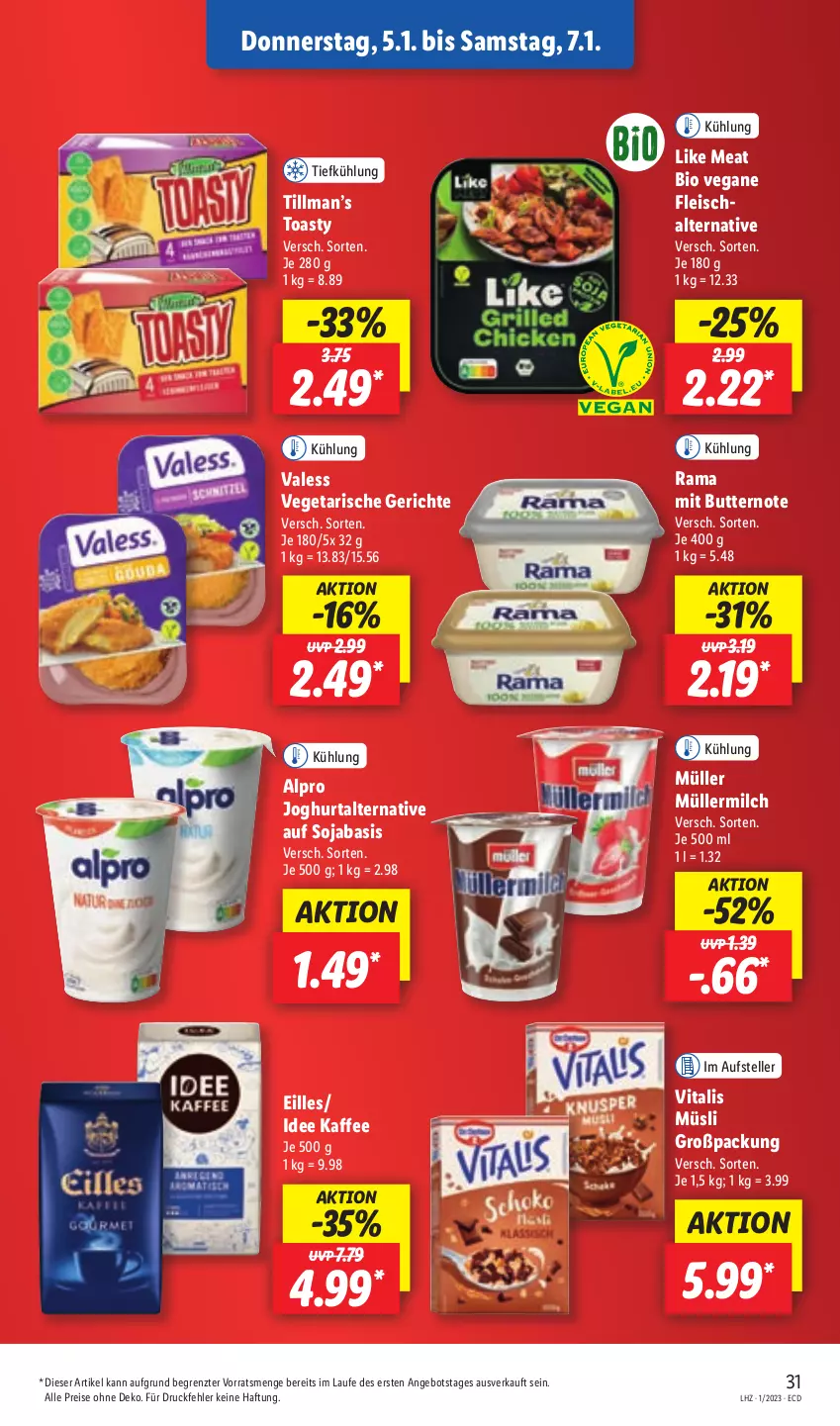 Aktueller Prospekt Lidl - Aktionsprospekt - von 02.01 bis 07.01.2023 - strona 33 - produkty: alpro, angebot, bio, butter, eis, elle, fleisch, joghur, joghurt, kaffee, Like Meat, milch, Müller, müllermilch, müsli, rama, reis, soja, teller, Ti, toast, toasty, Vegane Fleisch, Vegeta, vita, vitalis, vitalis müsli, ZTE