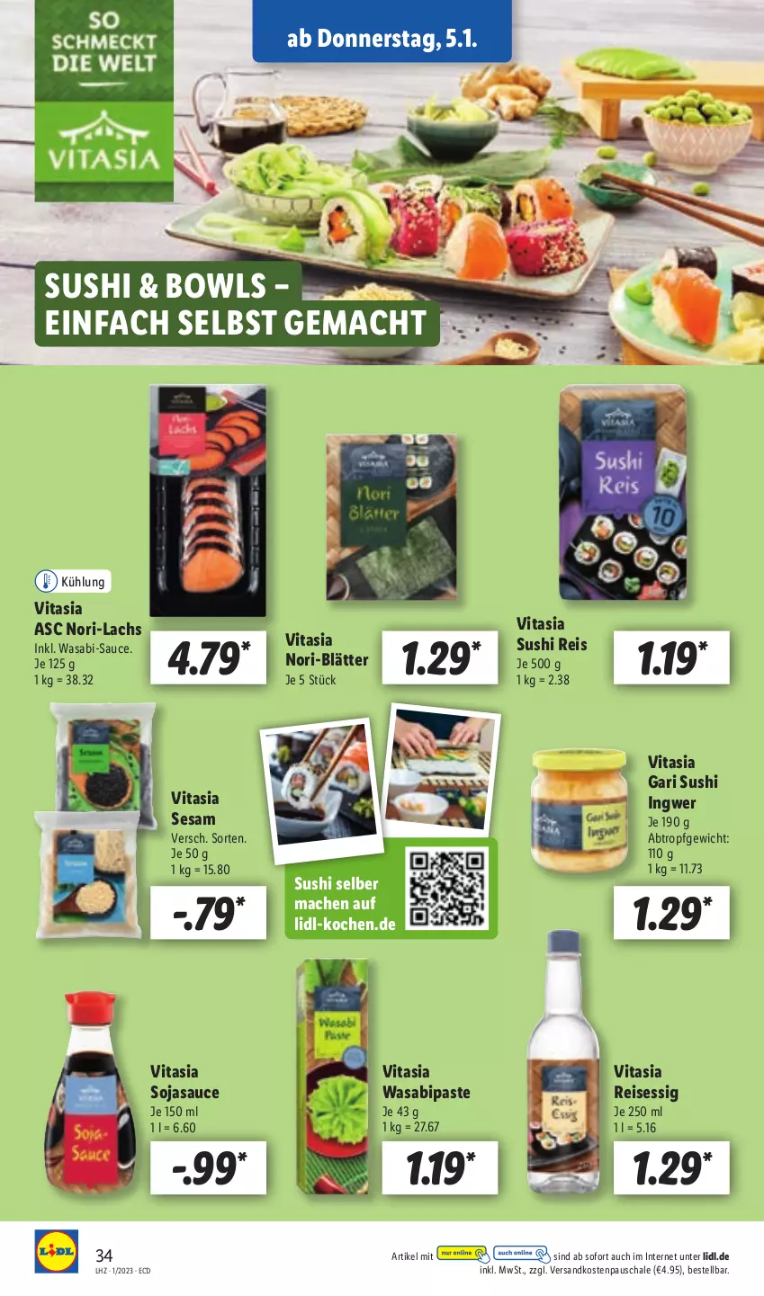 Aktueller Prospekt Lidl - Aktionsprospekt - von 02.01 bis 07.01.2023 - strona 36 - produkty: eis, essig, ingwer, lachs, mac, ndk, reis, sauce, Schal, Schale, sesam, soja, sojasauce, Sushi, Ti, vita, wasa