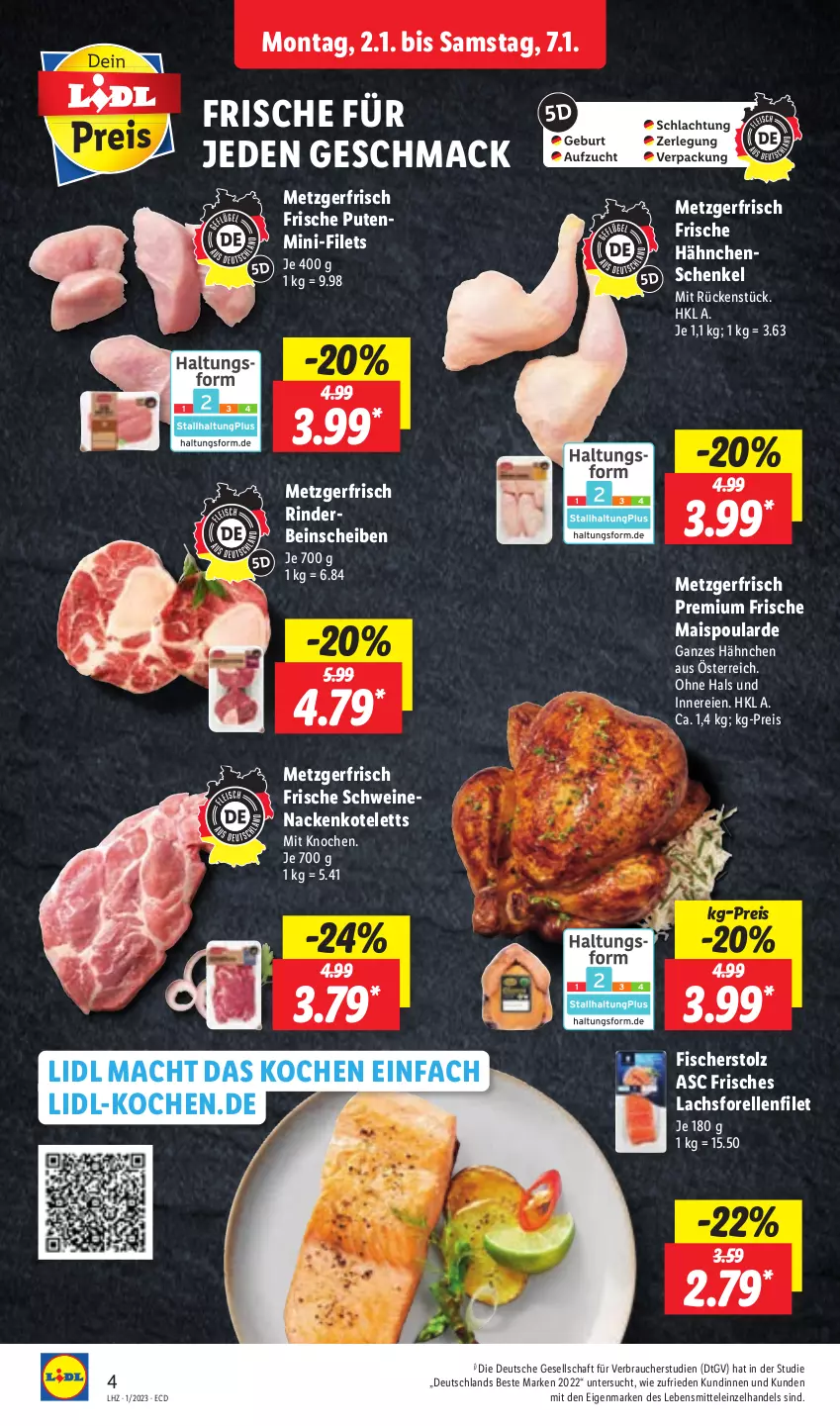 Aktueller Prospekt Lidl - Aktionsprospekt - von 02.01 bis 07.01.2023 - strona 4 - produkty: eis, elle, filet, filets, fisch, fische, Fischer, forelle, Frische Hähnchen, hähnchenschenkel, henkel, kotelett, lachs, lebensmittel, mac, mais, nackenkoteletts, pute, Rauch, reis, rel, rind, rinder, schenkel, schwein, schweine, schweinenacken, wein, weine