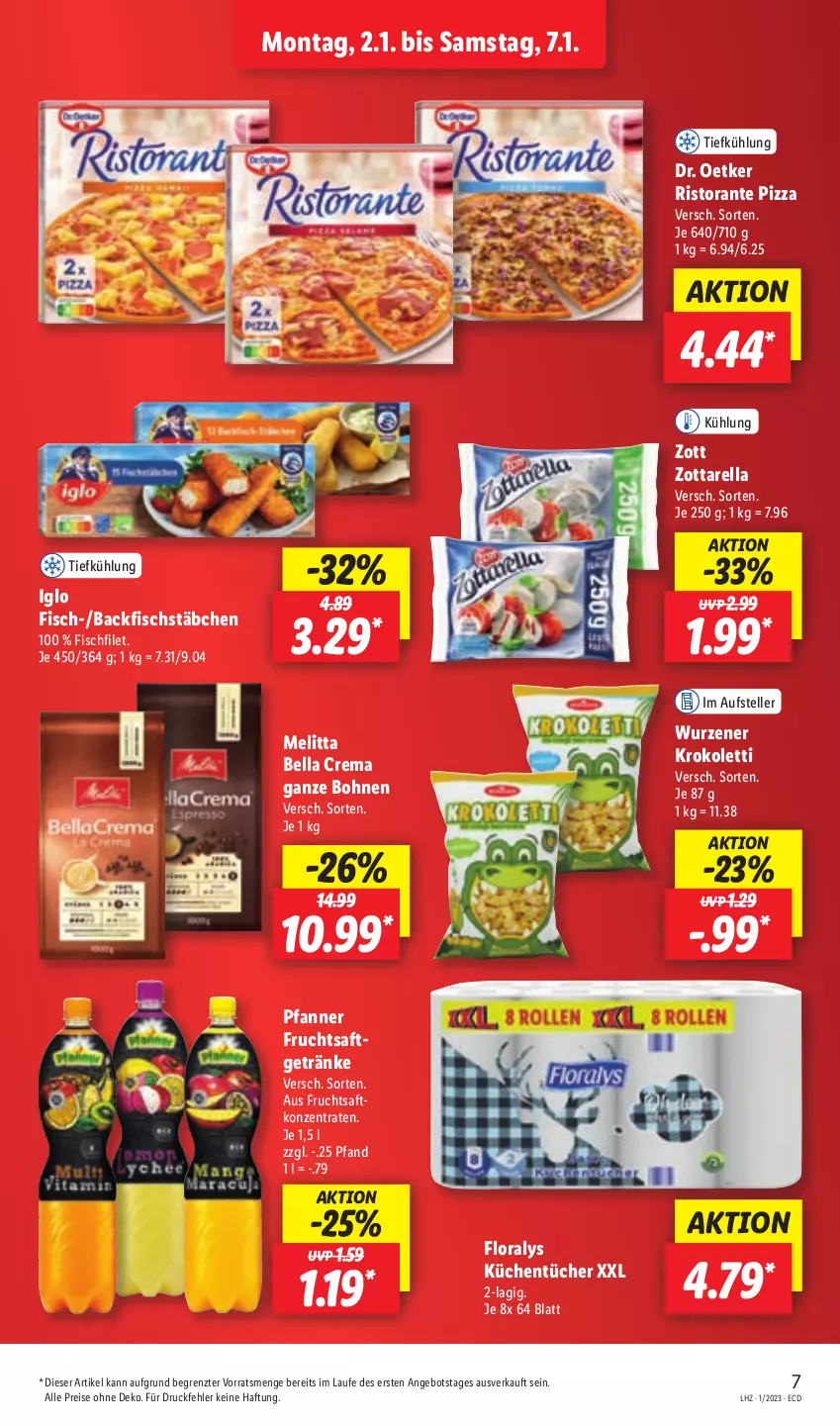 Aktueller Prospekt Lidl - Aktionsprospekt - von 02.01 bis 07.01.2023 - strona 7 - produkty: angebot, backfisch, bella crema, bohne, bohnen, Dr. Oetker, eis, elle, filet, fisch, fischstäbchen, Floralys, frucht, fruchtsaft, getränk, getränke, iglo, küche, Küchen, küchentücher, melitta, pfanne, Pfanner, pizza, reis, rel, ristorante, ristorante pizza, saft, teller, Ti, tücher, zott, zottarella, ZTE