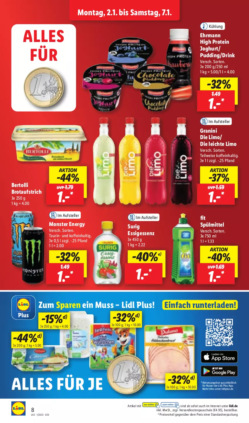 Aktueller Prospekt Lidl - Aktionsprospekt - von 02.01 bis 07.01.2023 - strona 8 - produkty: angebot, aufstrich, bertolli, brot, brotaufstrich, drink, ehrmann, eis, elle, essig, granini, granini die limo, joghur, joghurt, limo, monster, Monster Energy, ndk, preisvorteil, pudding, reis, Schal, Schale, spülmittel, teller, Ti