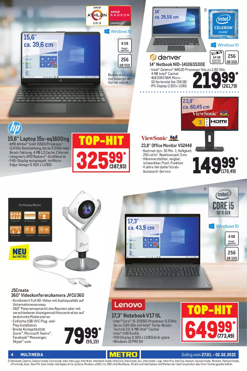 Aktueller Prospekt Metro - NonFood - von 27.01 bis 02.02.2022 - strona 4 - produkty: AMD Radeon, aust, Bau, Brei, celeron, deo, elle, Intel, ips-display, kamera, Laptop, microsd, Mode, monitor, nivea, notebook, office, Pentium, radeon, rama, Ria, spiegel, ssd, teller, Ti, top-hit, uhd, usb