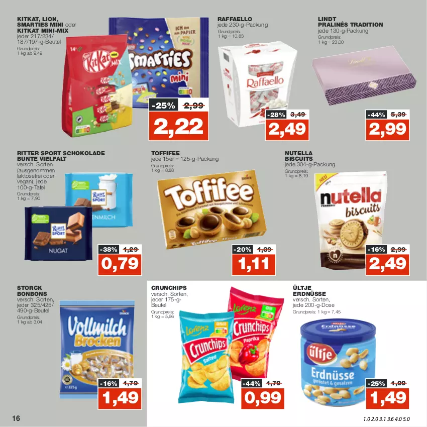 Aktueller Prospekt Real - von 24.10 bis 29.10.2022 - strona 16 - produkty: beutel, bonbons, chips, crunchips, eis, erdnüsse, kitkat, lindt, lion, nutella, raffaello, reis, ritter, ritter sport, schoko, schokolade, smarties, Sport, storck, Ti, toffifee, ültje, ültje erdnüsse