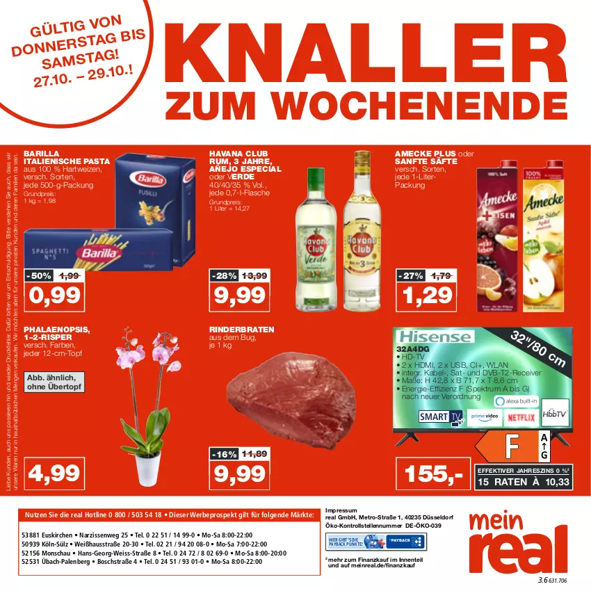 Aktueller Prospekt Real - von 24.10 bis 29.10.2022 - strona 28 - produkty: amecke, barilla, bosch, braten, dvb, DVB-T, eis, elle, ente, erde, flasche, hartweizen, Havana Club, HDMI, italienische pasta, LG, Metro, Narzissen, pasta, payback, phalaenopsis, Receiver, reis, rind, rinder, rinderbraten, rum, säfte, Spektrum, Ti, topf, übertopf, usb