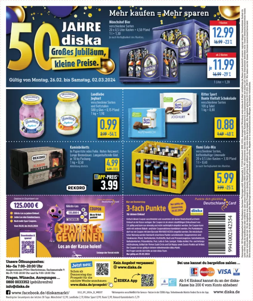 Aktueller Prospekt Diska - von 26.02 bis 02.03.2024 - strona 12 - produkty: angebot, angebote, Astra, auer, bier, briketts, cola, coupon, coupons, deka, eier, eis, ente, gutschein, Hefte, Kamin, landliebe, limo, limonade, mönchshof, nuss, reis, ring, ritter, ritter sport, sac, schoko, schokolade, Sport, Ti, uhr, ZTE