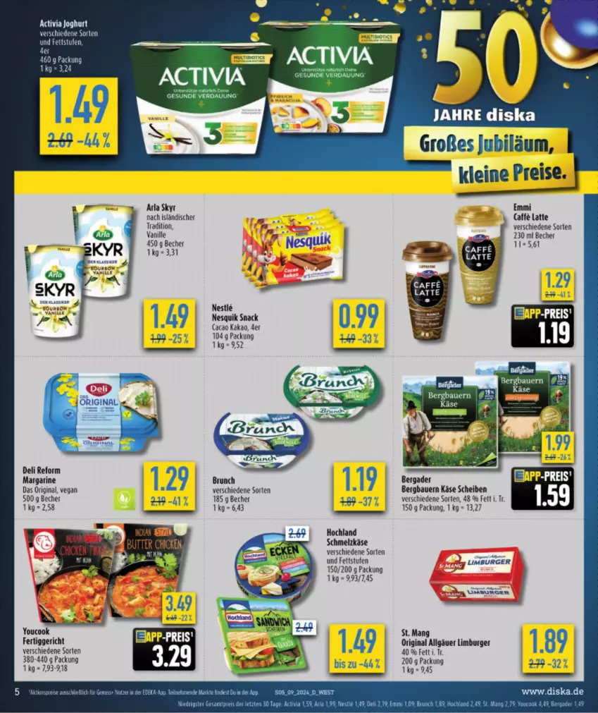 Aktueller Prospekt Diska - von 26.02 bis 02.03.2024 - strona 5 - produkty: activia, activia joghurt, arla, arla skyr, auer, Bau, Bauer, Becher, bergader, burger, deka, deli reform, eis, emmi, gin, joghur, joghurt, kakao, Käse, latte, leine, LG, Limburger, margarine, nesquik, nuss, reis, Skyr, snack, St. Mang, Ti, vanille