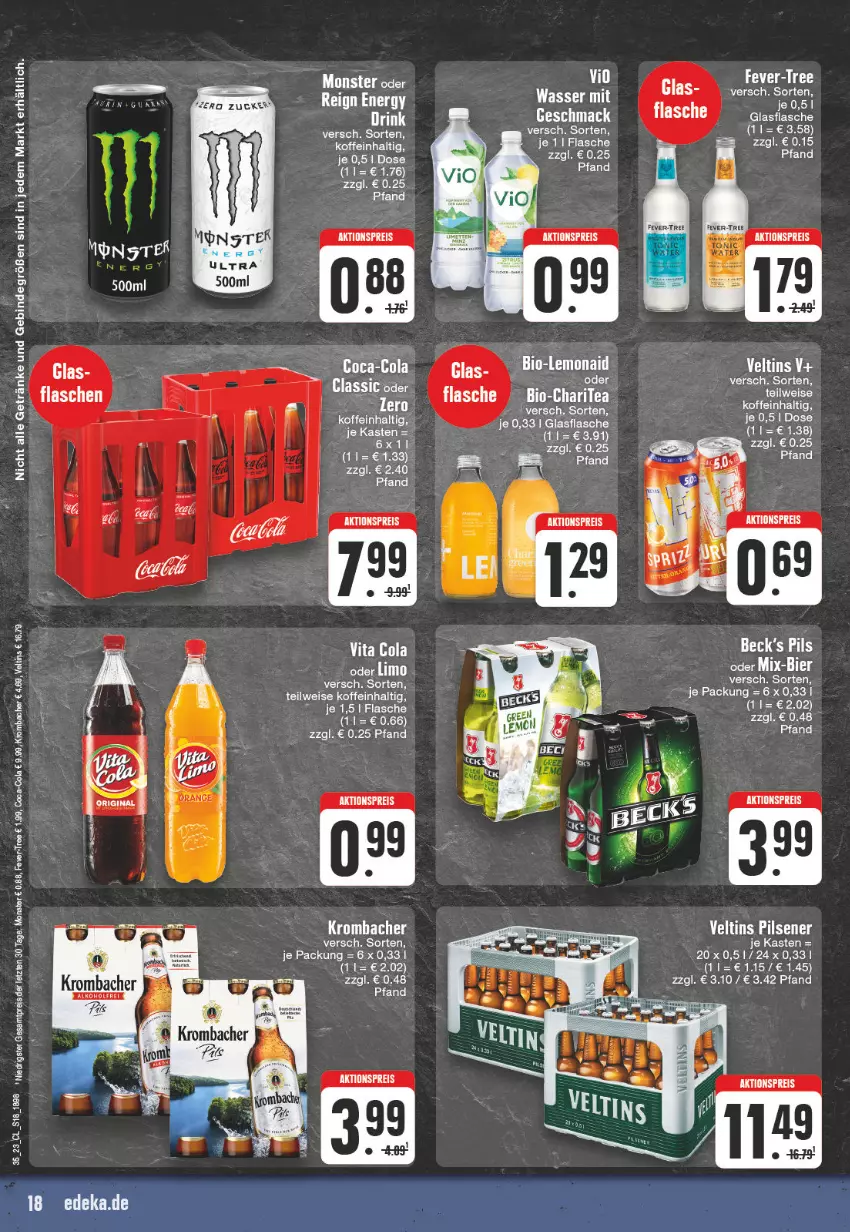 Aktueller Prospekt Edeka - Angebote der Woche - von 28.08 bis 02.09.2023 - strona 18 - produkty: aktionspreis, coca-cola, cola, eis, flasche, getränk, getränke, glasflasche, krombache, krombacher, limo, mac, monster, pils, pilsener, reis, tee, Ti, veltins, veltins pilsener, vita, Vita C, ZTE