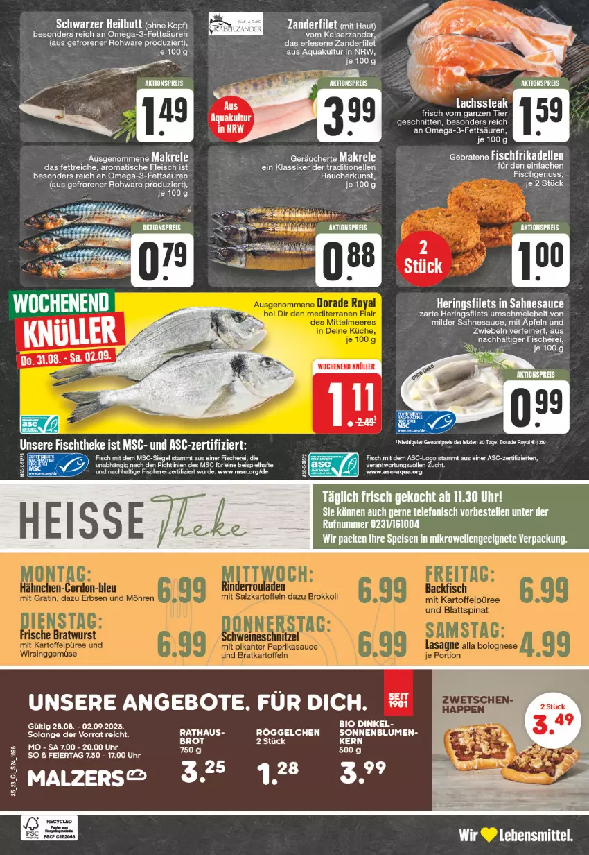 Aktueller Prospekt Edeka - Angebote der Woche - von 28.08 bis 02.09.2023 - strona 24 - produkty: aktionspreis, angebot, angebote, aqua, blume, blumen, braten, dell, eier, eis, elle, ente, filet, filets, fisch, fische, Fischer, fleisch, frikadellen, hering, Herings, heringsfilets, Kaiser, lachs, malz, nuss, omega, Omega-3, reis, ring, sahne, sauce, Schere, schnitten, sonnenblume, sonnenblumen, steak, telefon, Ti, tisch, uhr, Zander, zwiebel, zwiebeln