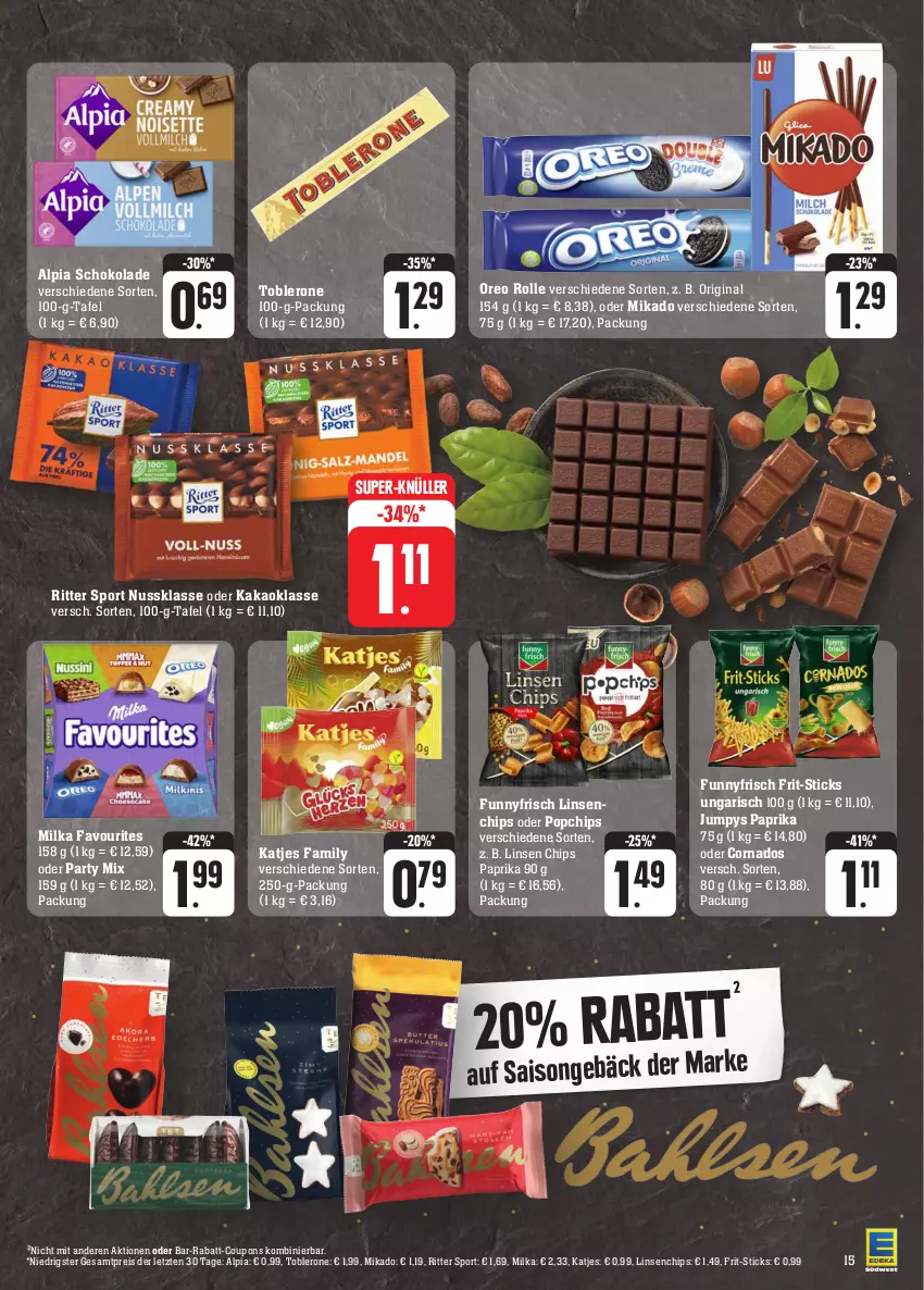 Aktueller Prospekt Edeka - Angebote der Woche - von 02.10 bis 07.10.2023 - strona 15 - produkty: alpia, chips, coupon, coupons, eis, Frit-Sticks, gin, kakao, katjes, linsen, mikado, milka, nuss, oreo, paprika, rabatt-coupon, reis, ritter, ritter sport, schoko, schokolade, Sport, super-knüller, Ti, toblerone, ZTE