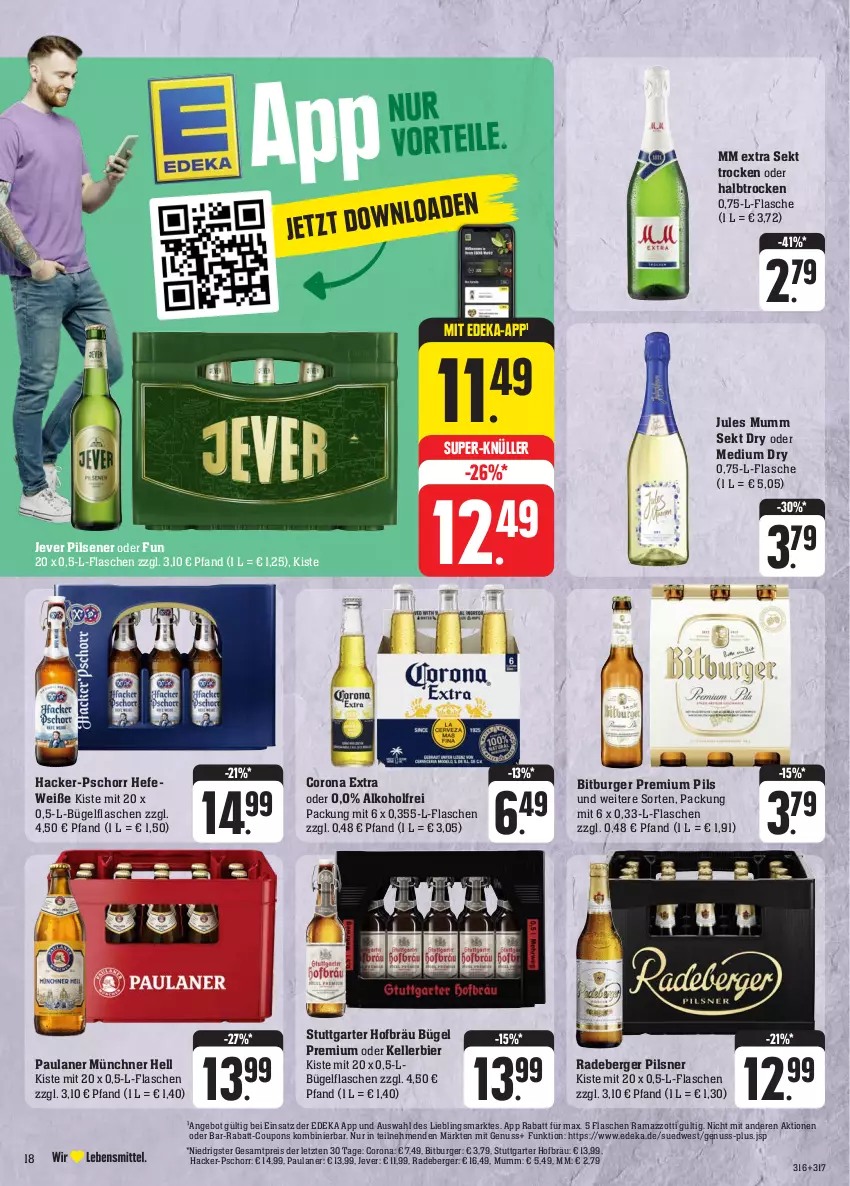 Aktueller Prospekt Edeka - Angebote der Woche - von 02.10 bis 07.10.2023 - strona 18 - produkty: alkohol, angebot, Berger, bier, bitburger, bügel, bügelflasche, burger, corona, corona extra, coupon, coupons, deka, eis, elle, flasche, Hefe, jever, jever pilsener, jules mumm, kellerbier, mm extra, mumm, nuss, Paula, paulaner, pils, pilsener, pilsner, premium pils, rabatt-coupon, radeberger, radeberger pilsner, rama, ramazzott, ramazzotti, reis, sekt, super-knüller, Ti, zott, ZTE