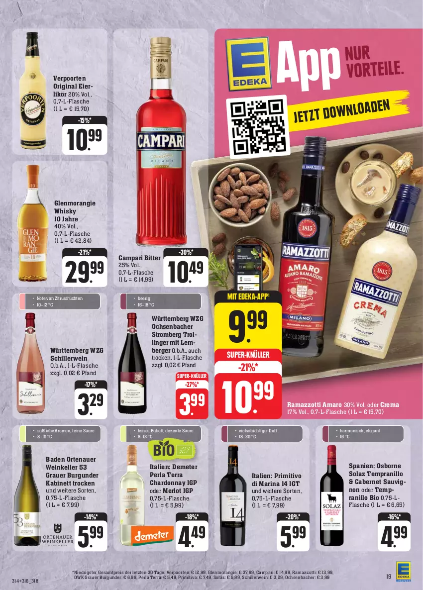 Aktueller Prospekt Edeka - Angebote der Woche - von 02.10 bis 07.10.2023 - strona 19 - produkty: amaro, auer, Bad, Berger, bio, burgunder, cabernet, cabernet sauvignon, campari, chardonnay, deka, eier, eierlikör, eis, elle, ente, flasche, früchte, früchten, gin, grauer burgunder, kabinett, likör, merl, merlot, olaz, ortenauer, osborne, perla, primitivo, rama, ramazzott, ramazzotti, reis, rwe, sauvignon, super-knüller, tempranillo, Ti, trolli, trollinger, verpoorten, wein, whisky, zott, ZTE