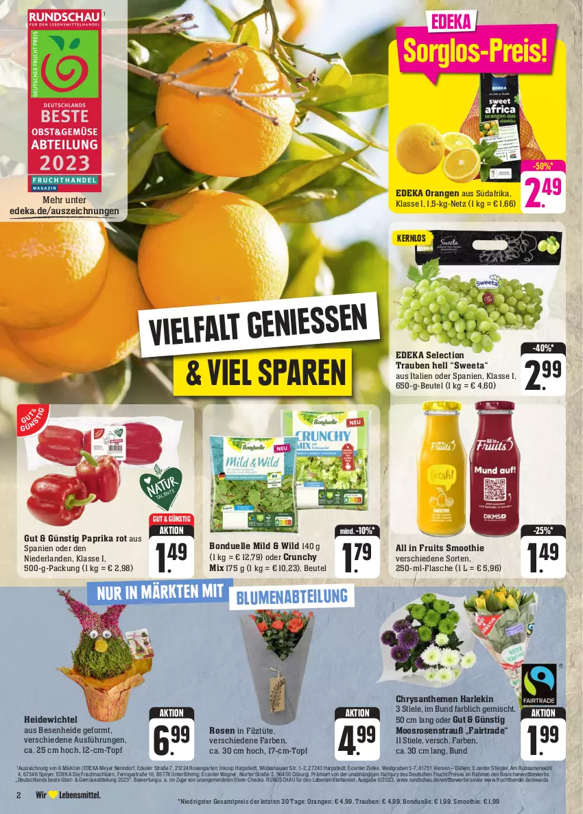 Aktueller Prospekt Edeka - Angebote der Woche - von 02.10 bis 07.10.2023 - strona 2 - produkty: Abtei, Astra, beutel, blume, blumen, bonduelle, chrysanthemen, deka, eis, elle, ente, flasche, frucht, Garten, lebensmittel, obst, orange, orangen, paprika, paprika rot, reis, ring, rosen, Rosenstrauß, smoothie, speyer, Stiegl, Ti, topf, trauben, Tüte, wagner, Wichtel, Wild, ZTE