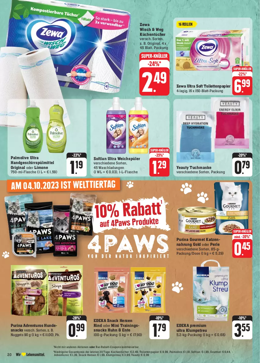 Aktueller Prospekt Edeka - Angebote der Woche - von 02.10 bis 07.10.2023 - strona 20 - produkty: adventuros, coupon, coupons, deka, eis, ente, flasche, geschirr, geschirrspülmittel, gin, hundesnack, hundesnacks, katzennahrung, klumpstreu, küche, Küchen, küchentücher, limo, Maske, nuggets, olive, palmolive, papier, purina, rabatt-coupon, reis, rind, snack, snacks, Softlan, spülmittel, super-knüller, Ti, toilettenpapier, tuc, tücher, tuchmaske, weichspüler, zewa, ZTE